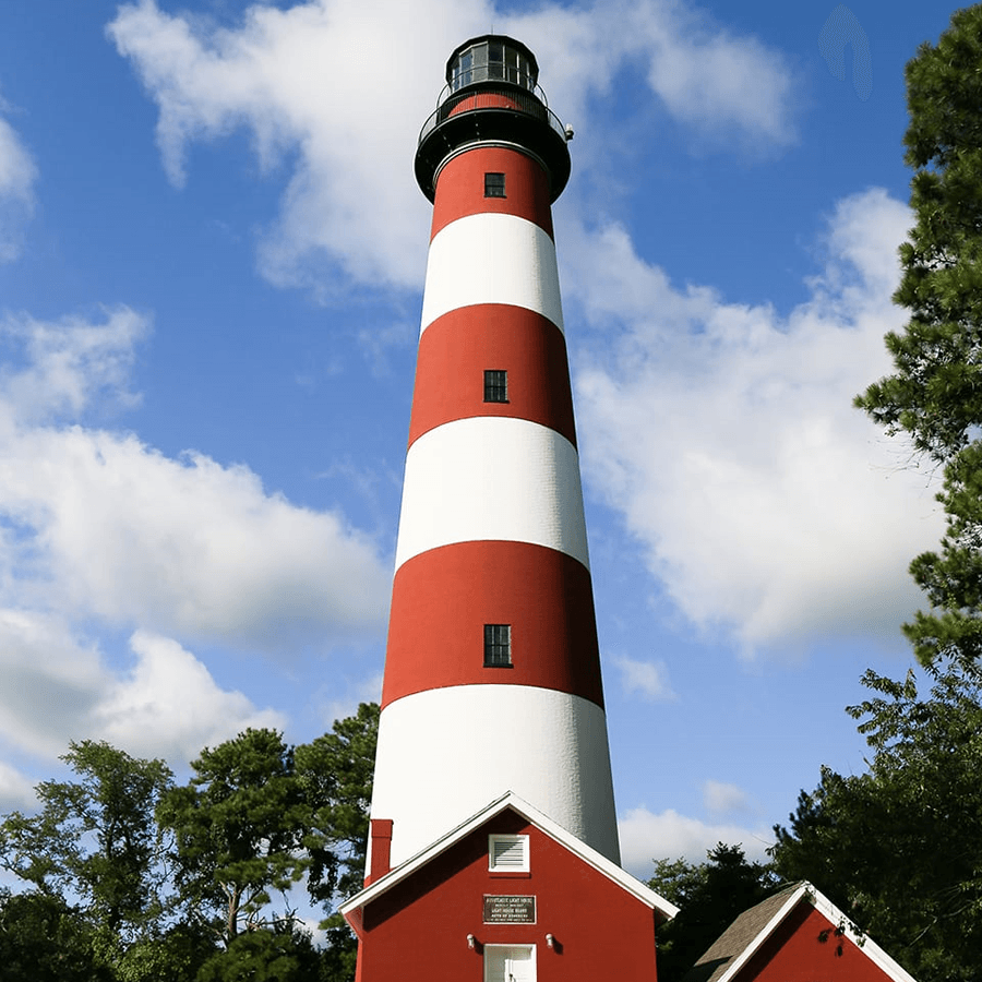 A tall red and white striped lighthouse stands against a blue sky with fluffy clouds.