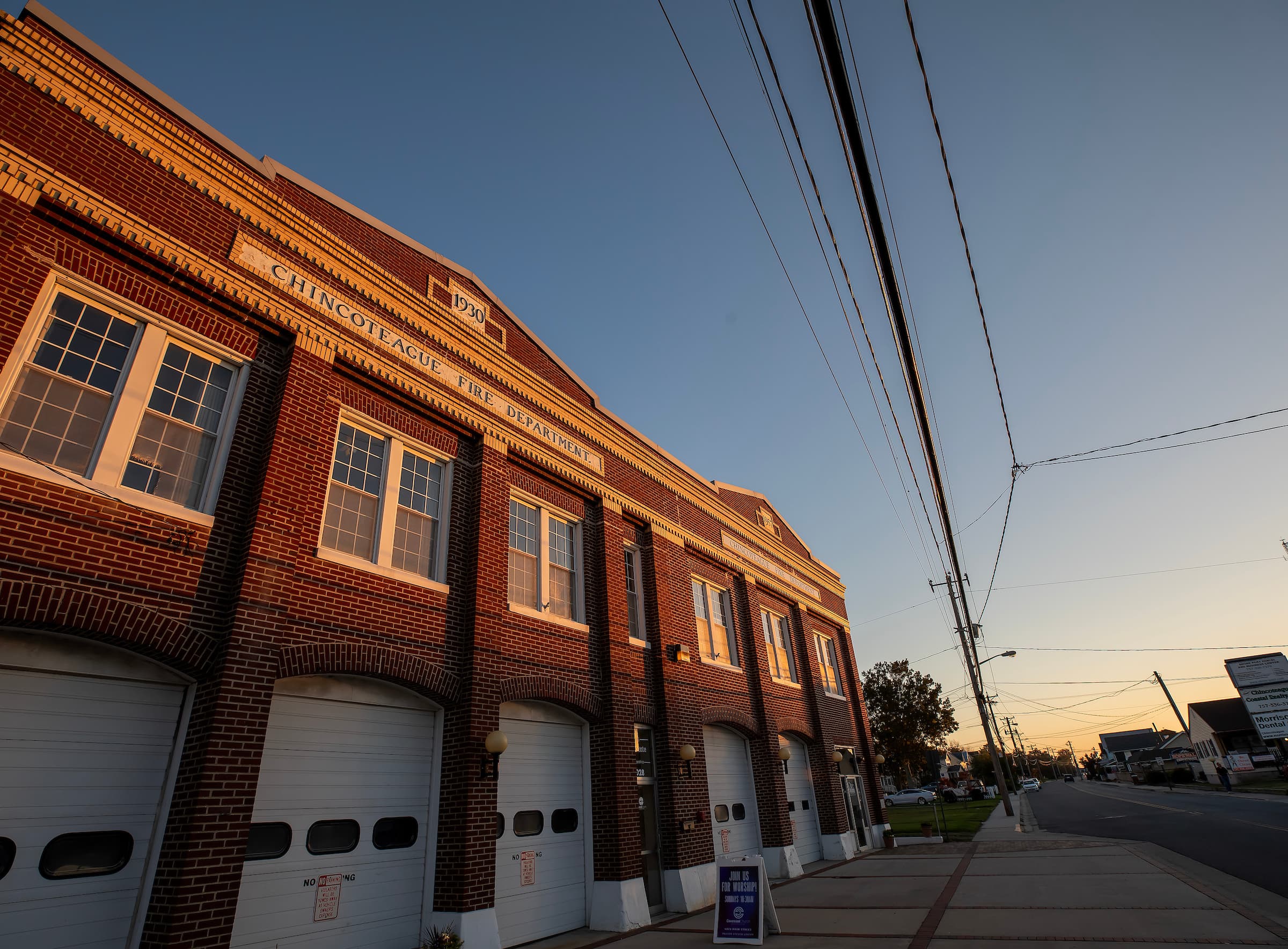 Chincoteague Fire Department building at sunset.