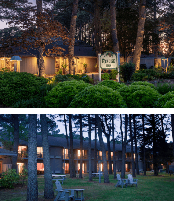 A welcoming lodge, the Refuge Inn is surrounded by lush greenery and tall trees, illuminated at dusk.