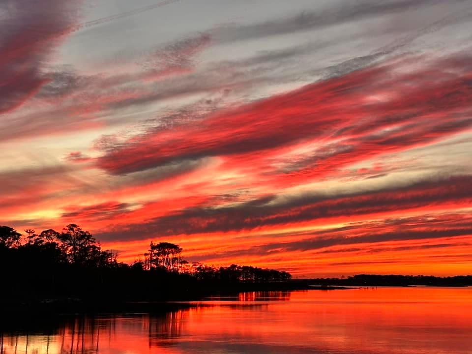 Vibrant sunset reflecting on calm water, framed by silhouetted trees.