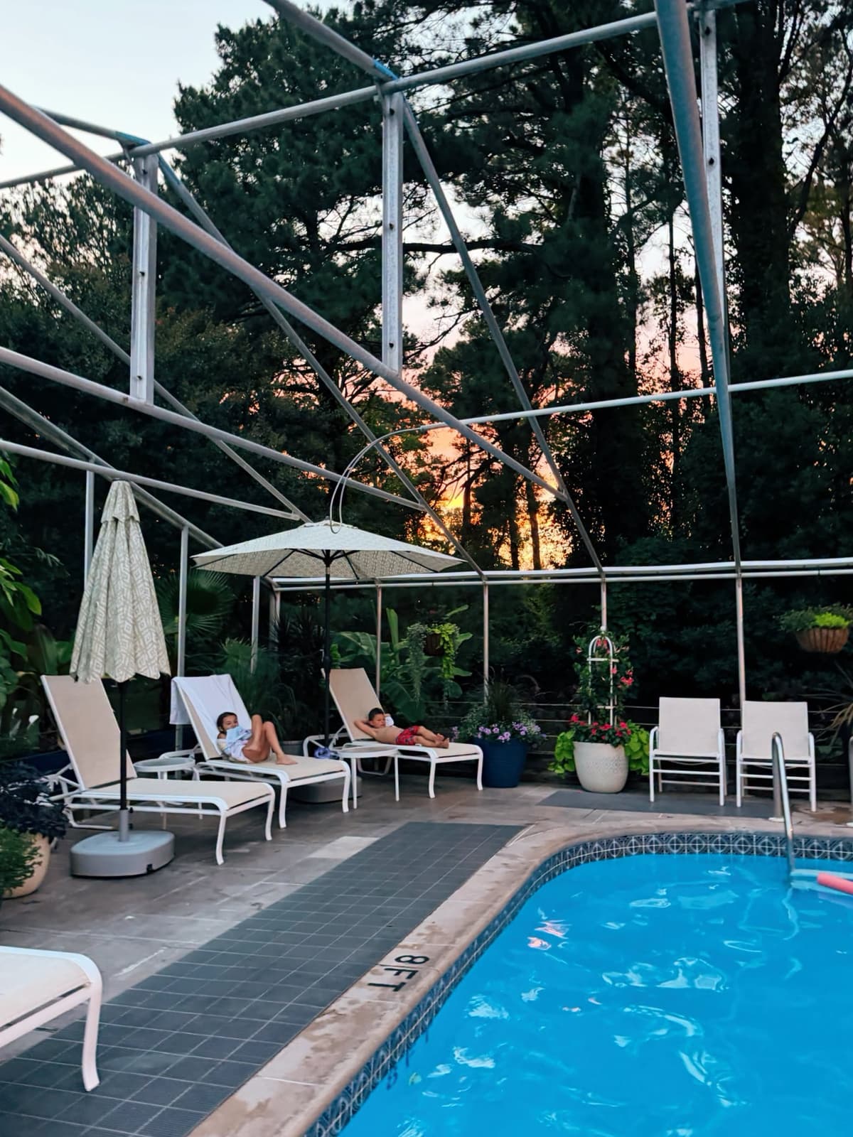 The outdoor pool at the Refuge Inn at sunset.
