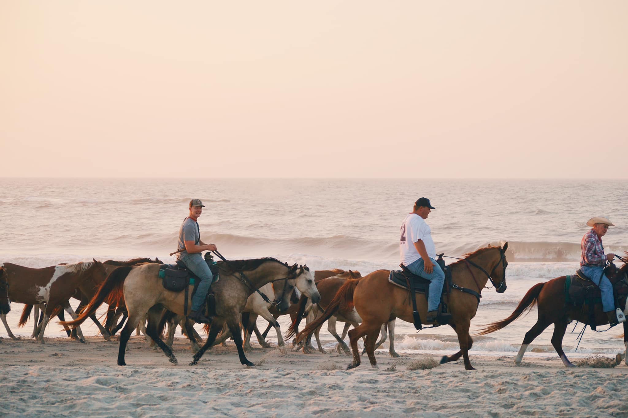 Riders on horseback walk along the beach with a herd of horses at sunset.