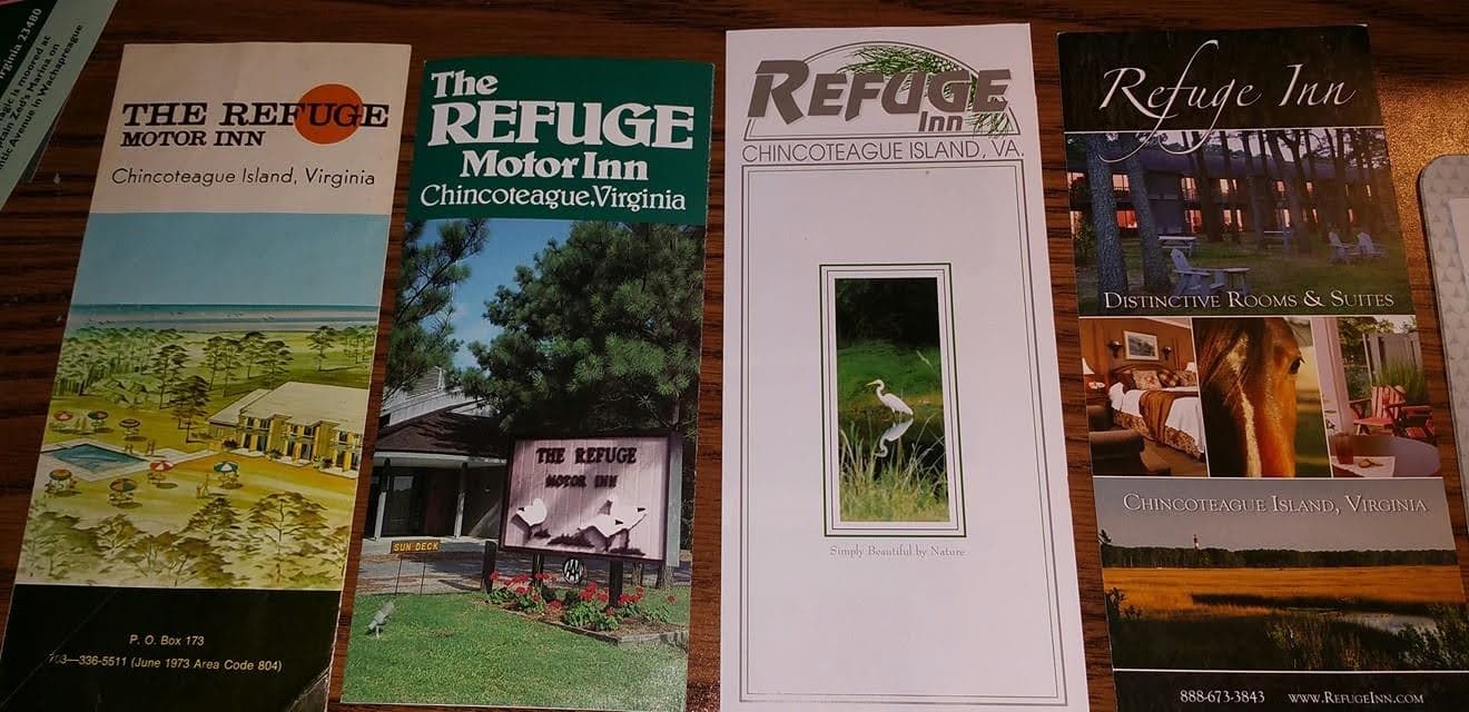 A collection of four brochures for The Refuge Motor Inn and Refuge Inn in Chincoteague, Virginia.