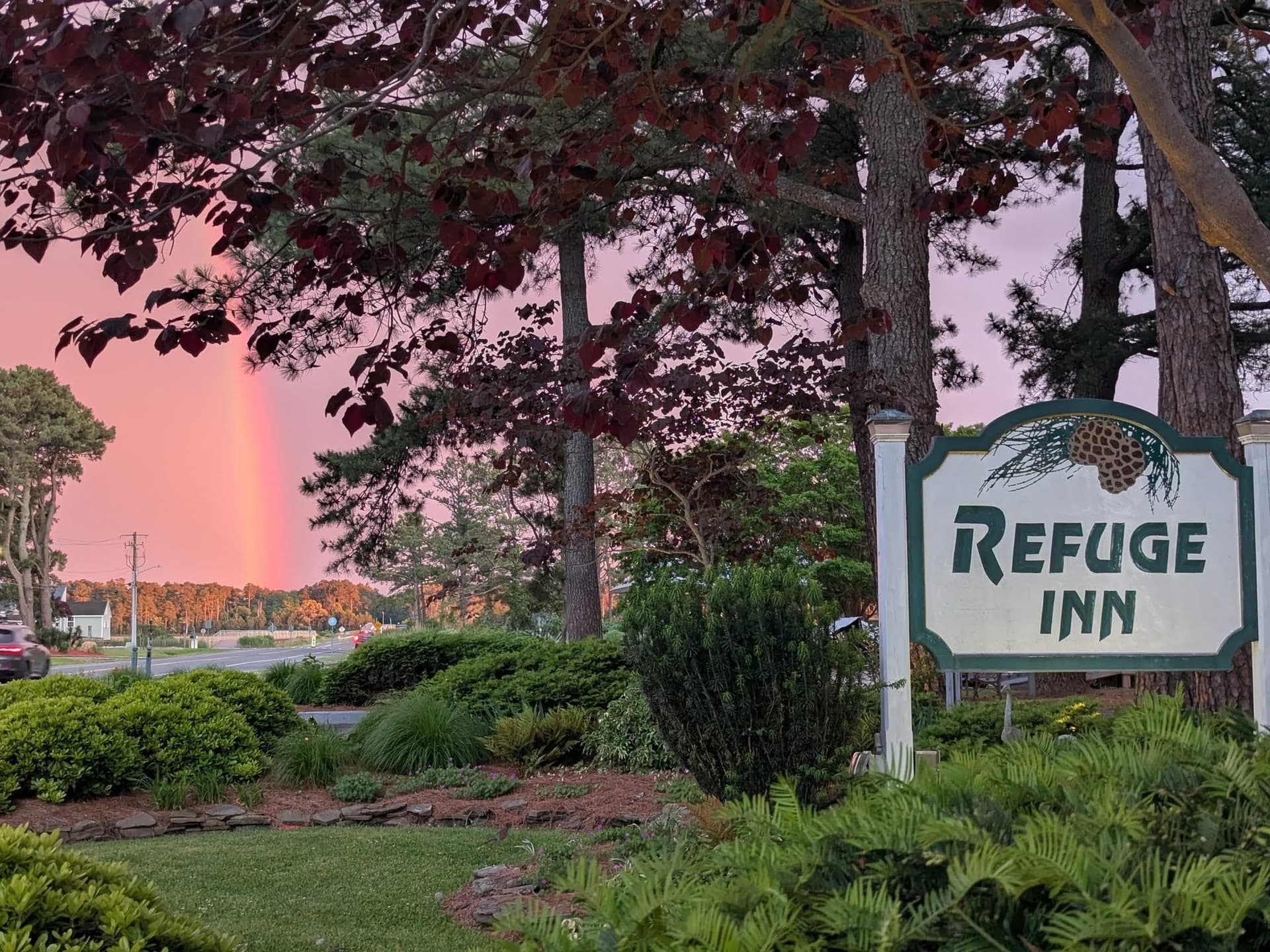 A rainbow coming down behind the Refuge Inn sign at dusk, the pines lit pink.