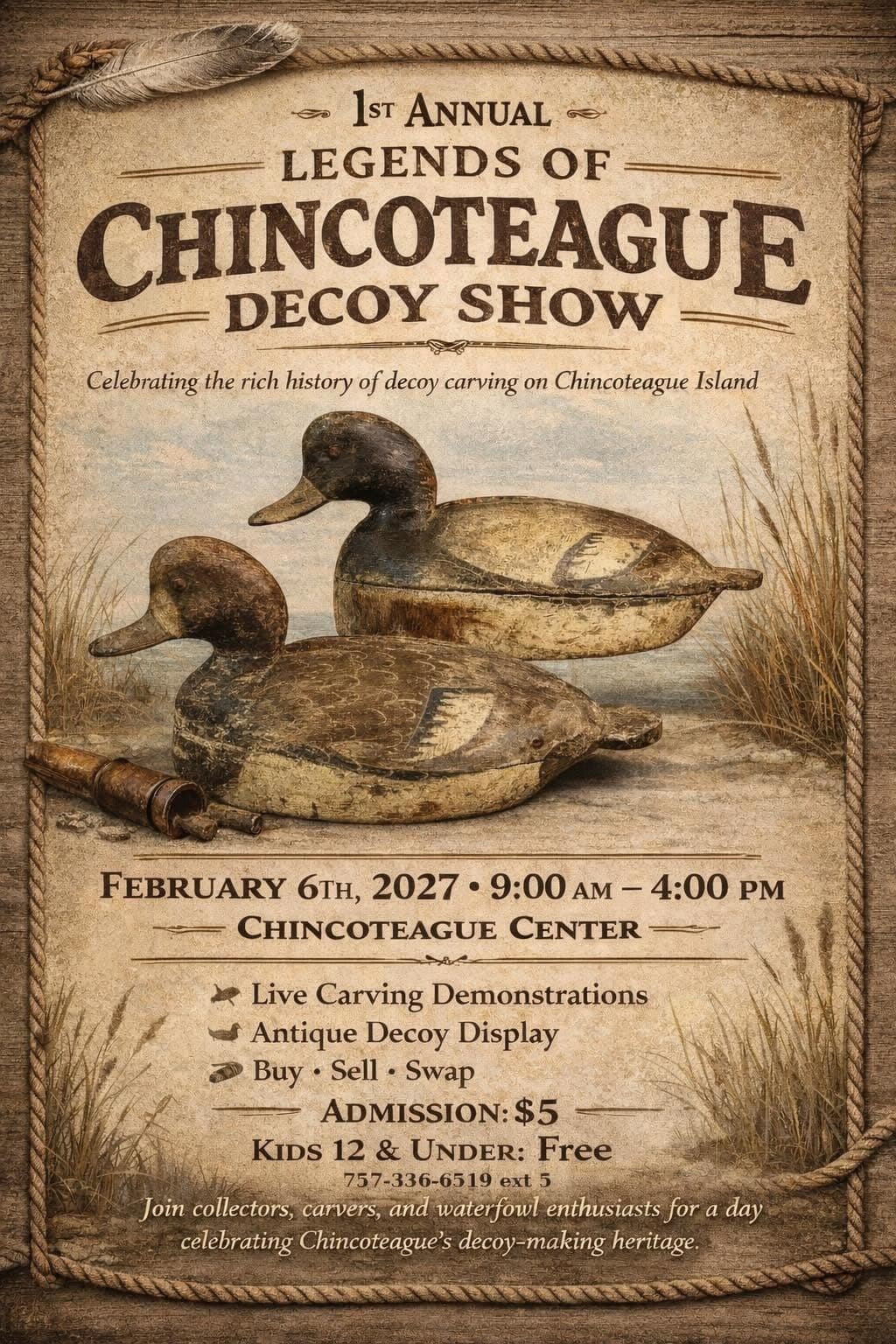 Poster for the 1st Annual Legends of Chincoteague Decoy Show, featuring event details and images of carved duck decoys.