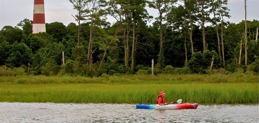 A person kayaks in a river surrounded by lush greenery and a tall lighthouse in the background.