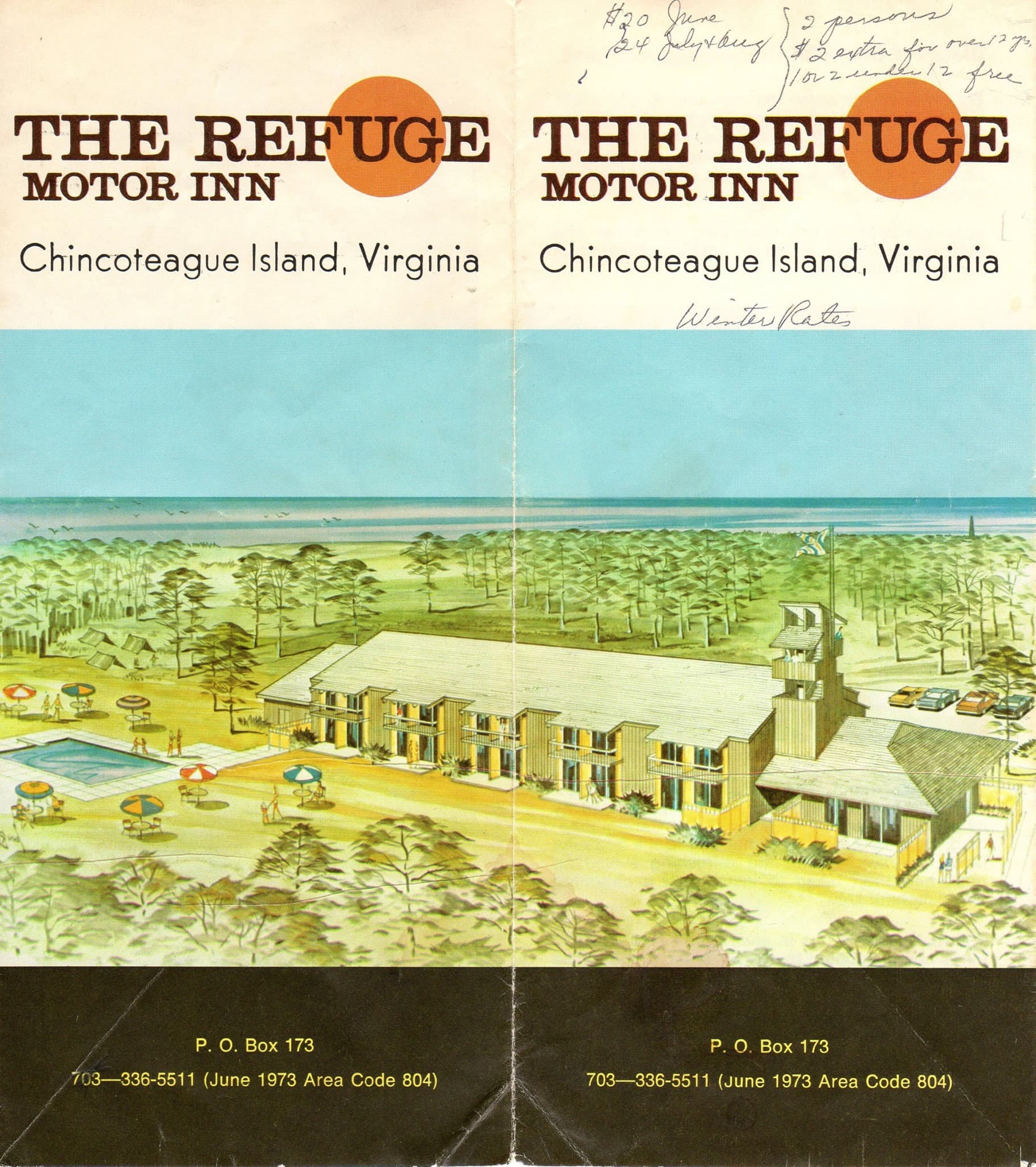 An artist's rendering of the Refuge Motor Inn on the cover of the original brochure. The cover lists a P. O. Box, Phone number, and hand-written seasonal rates.