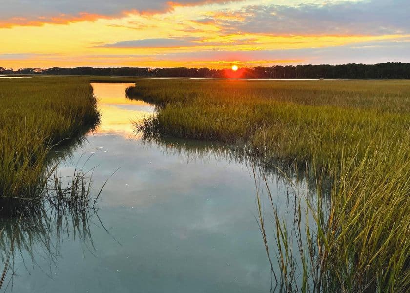 coastal marsh sunset with winding water channel tall golden grasses and colorful sky near refuge inn on chincoteague island